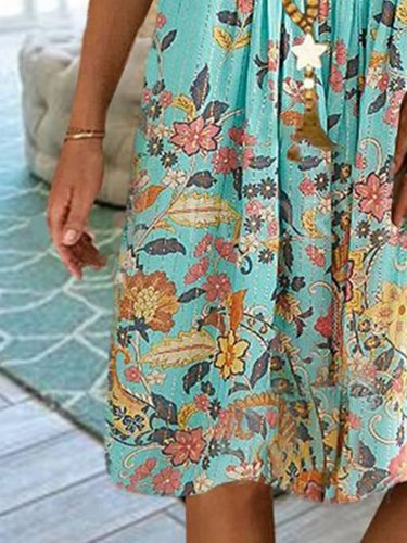 Green Short Sleeve Floral Dresses