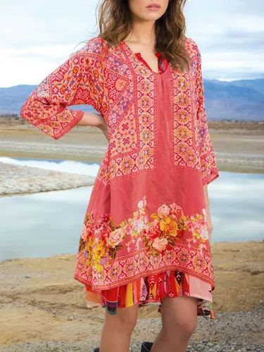 Women Floral V Neck Shift Boho Dresses