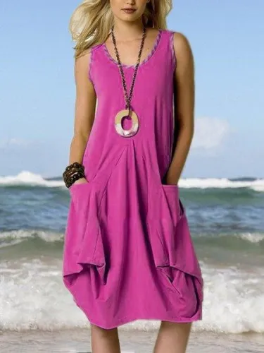 Sleeveless Round Neck Loose Casual Pocket Dresses