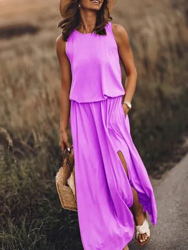 Pink Holiday Cotton-Blend Solid Round Neck Dresses