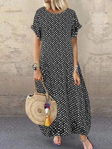 Printed Polka Dots Short Sleeve Crew Neck Maxi Dresses