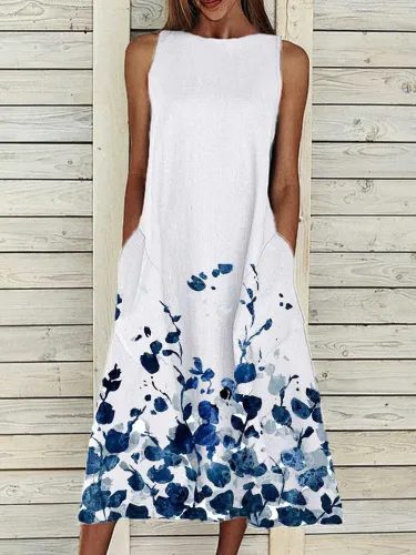 White Cotton Round Neck Patchwork Casual Dresses