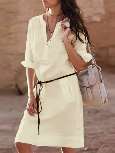 Stand Collar  Women Daytime Half Sleeve Basic Pockets Solid Summer Dress