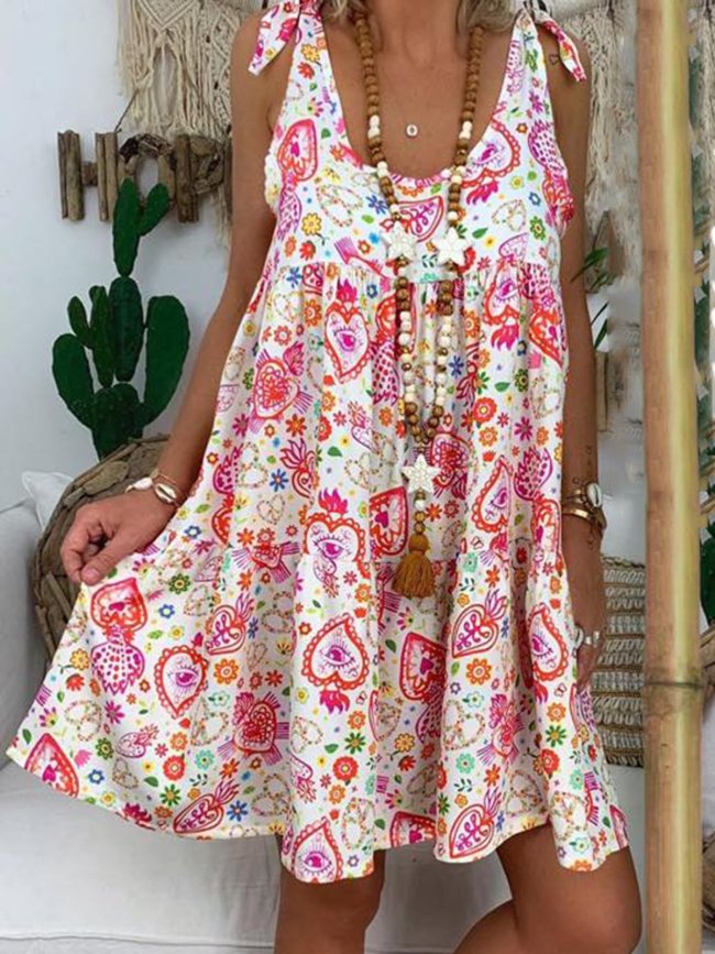 Holiday Floral Printed V-neck Sleeveless Mini Dress