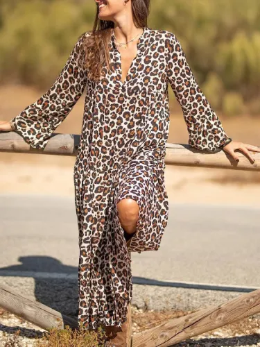 Khaki Floral-Print V Neck Long Sleeve Leopard Dresses