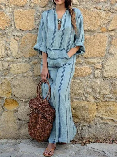Plus Size Women  Shift Daily Linen Long Sleeve Pockets Striped Dress