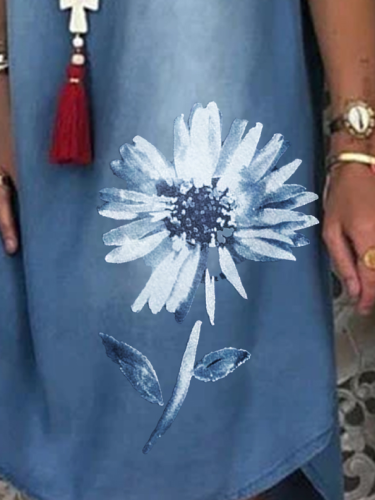 Vintage Casual Plus Size Floral Printed V Neck Denim Dresses