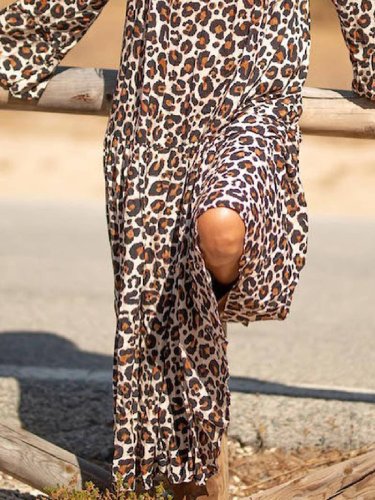 Khaki Floral-Print V Neck Long Sleeve Leopard Dresses