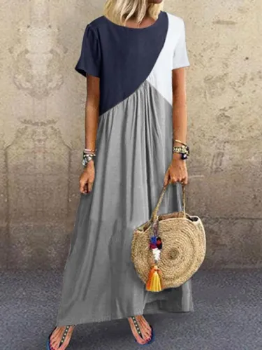 Crew Neck Brown Women  Shift Beach Cotton-Blend Shift Color-block,Leather-paneled Dresses