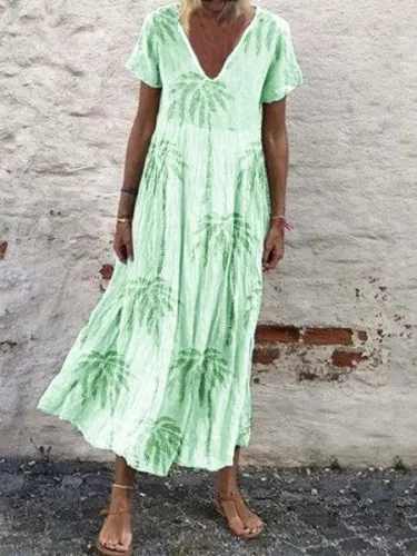 Plus Size Women Short Sleeve V Neck Vintage Plant Floral Casual Dresses