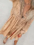 Khaki Long Sleeve Printed V Neck Dresses