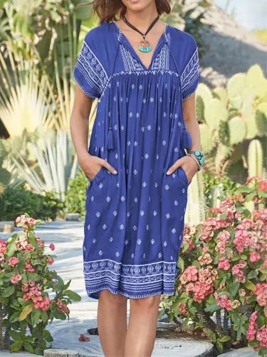 Holiday Tribal Printed V-neck Short Sleeve Pockets Dress
