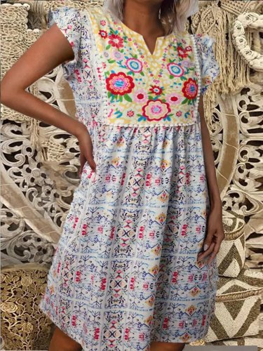 Casual Short Sleeve V Neck Floral Dresses