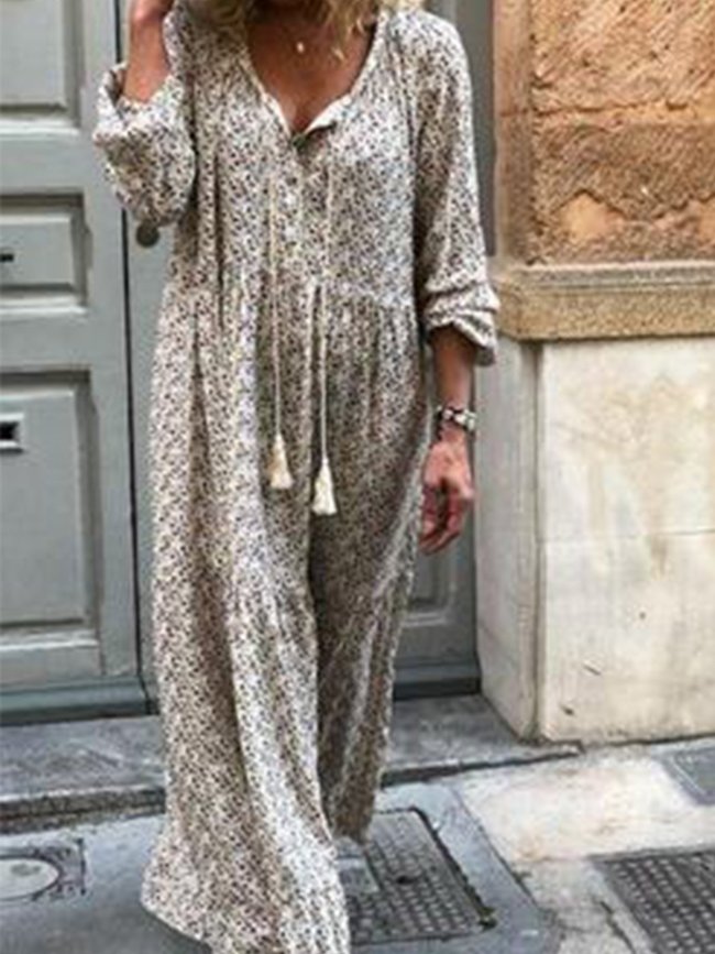 Women Shift Boho Floral Maxi Dresses Long Sleeve V Neck Daily Dresses