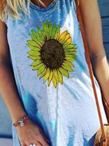 Vintage Summer Beach Vacation Loose Round Neck Casual Long Thin Knitted Sunflower Dress