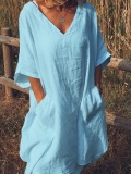 Plus Size V Neck Women Daily Casual Pockets Solid Dresses
