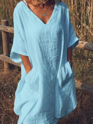 Plus Size V Neck Women Daily Casual Pockets Solid Dresses