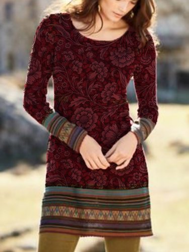 Cotton Round Neck Casual Printed Dresses
