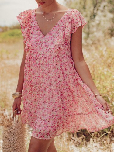 Pink Short Sleeve Casual V Neck Dresses