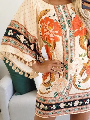 Flower Tribal Cotton-Blend Casual Dresses