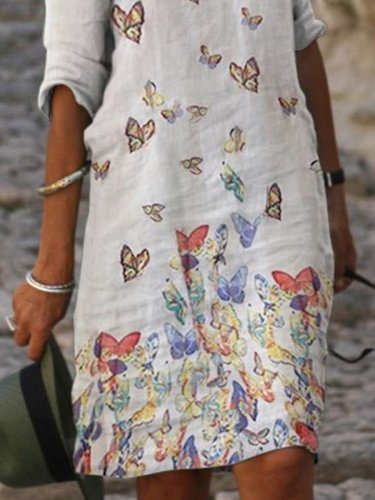 Vintage Butterflies Printed Plus Size 3/4 Sleeve Casual Dresses