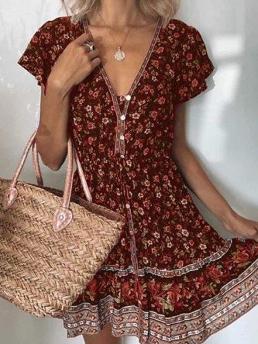 Multicolor Short Sleeve Printed Casual Cotton Dresses