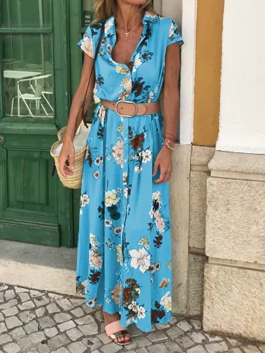 Shirt Collar Women Dresses Shift Daily Cotton-Blend Floral Dresses
