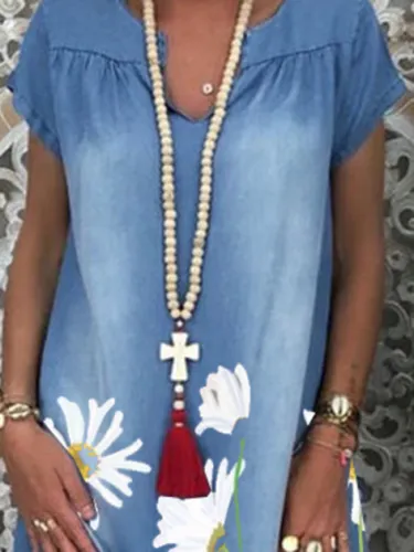 Blue Short Sleeve Floral Shift Denim Dresses