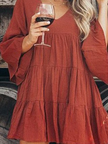 Red Solid Boho 3/4 Sleeve V Neck Dresses