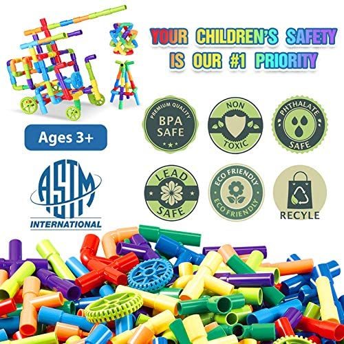 Building Blocks Kids Educational Toys Creative STEM Tube Locks Construction Kit Pipe Tube Building Sets Preschool Learning Toys, Present Gift for Kids Boys and Girls 3+, 250 Pieces with Storage Box