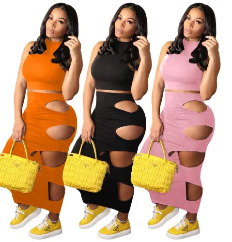 Nightclub asymmetrical sleeveless solid color sexy hole dress two-piece suit QQ5240