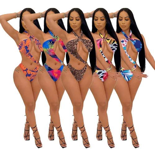 Womens summer beach halter neck sexy one-piece swimsuit digital print one-piece YF8202
