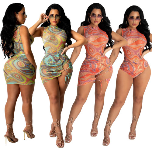 Two-piece swimsuit Korean net see-through skirt one-piece suit YY5278