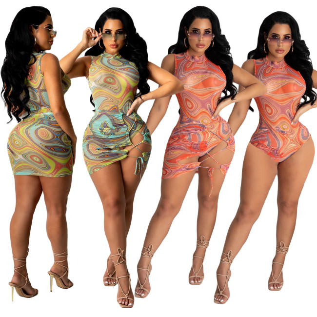 Two-piece swimsuit Korean net see-through skirt one-piece suit YY5278