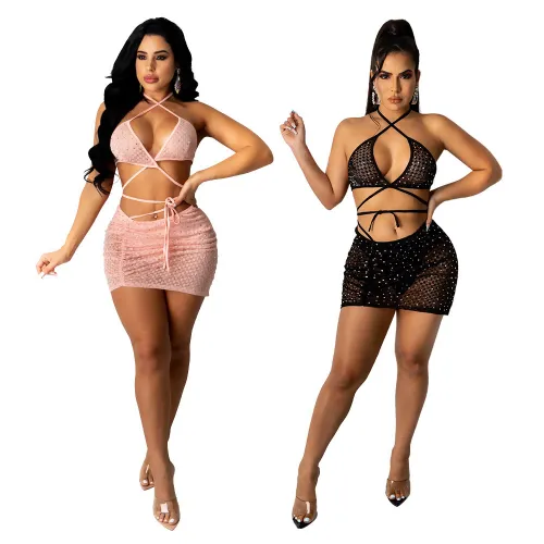 Fashion hot diamond strap sexy short skirt suit female two-piece suit YFS8992