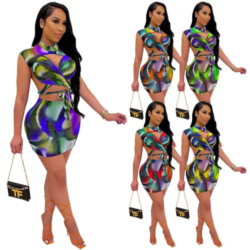 Wrapped chest halter neck tie waist sexy fashion 2-piece female set SZ8062