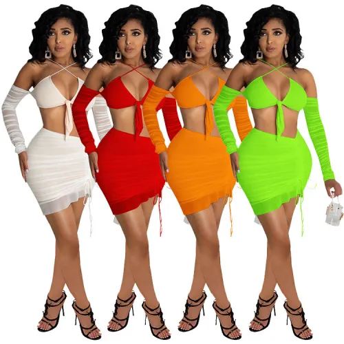 Womens road net gauze shoulder strapless bow sexy 2 piece skirt suit SZ8026