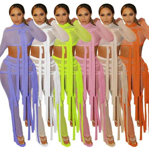 Ladies open belly multi-knotted twine mesh 2-piece set SZ9083
