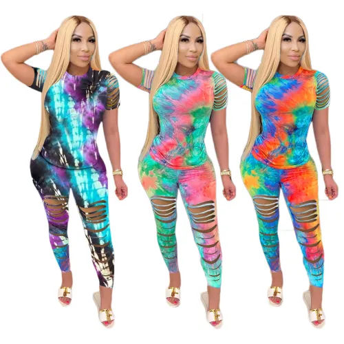Spring and summer tie-dye burnt flowers casual two-piece suit trousers AMM8230