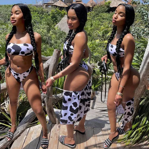 Fashion Sexy Cow Striped Print Bikini Three-piece Set with Chest Pad YZL841