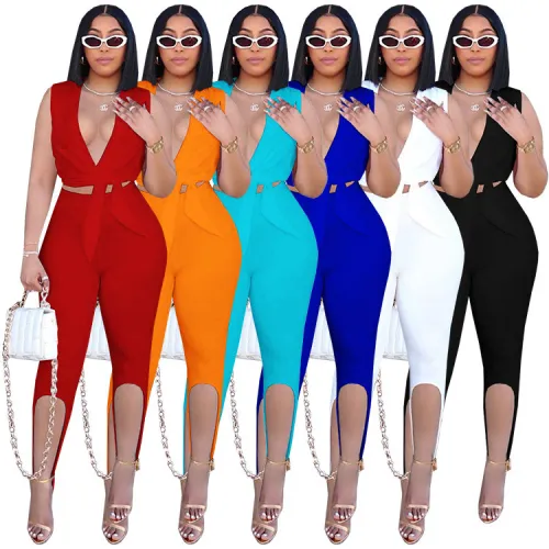 Ladies Sleeveless V-neck Bowknot Pants Split Sexy Multicolor 2-Piece Set SZ8015