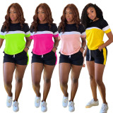 Womens fashion casual stitching shorts short-sleeved solid color suit ML7429