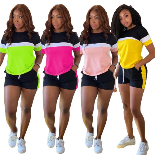 Womens fashion casual stitching shorts short-sleeved solid color suit ML7429