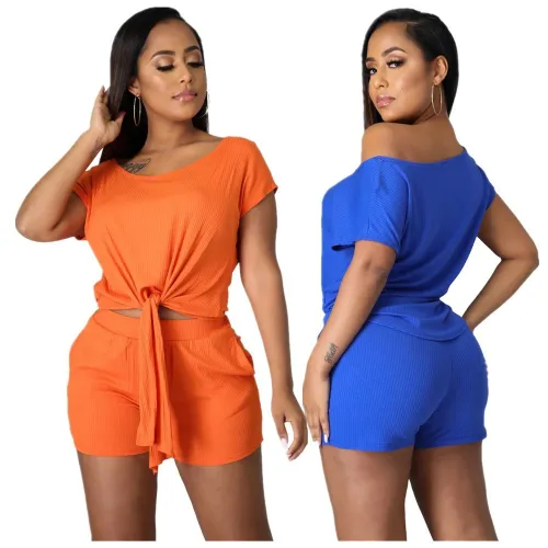 New round neck short sleeve self-tie tie two-piece suit YYU6566
