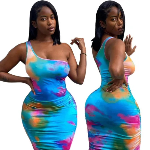 One-shoulder folds tie-dye sexy nightclub skirt women in one-shoulder dress MY9873
