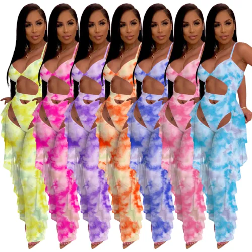 Ladies Tie-Dye Print Sexy Jumpsuit Mesh Pants Two-piece Swimsuit LML219