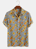 Men's Sunflower Pattern Striped Casual Lapel Short Sleeve Shirt