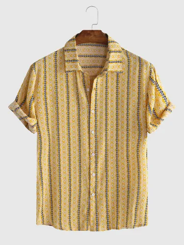 Casual mens printed striped short-sleeved shirt