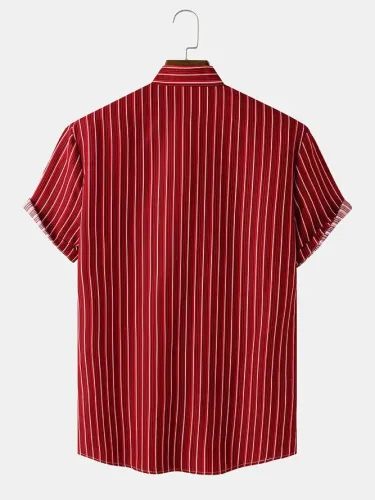 Mens Vertical Stripe Button Up Plain Casual Cotton Short Sleeve Shirts