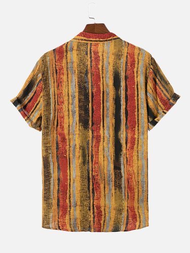 Men's Striped Printed Casual Loose Lapel Short Sleeve Shirt